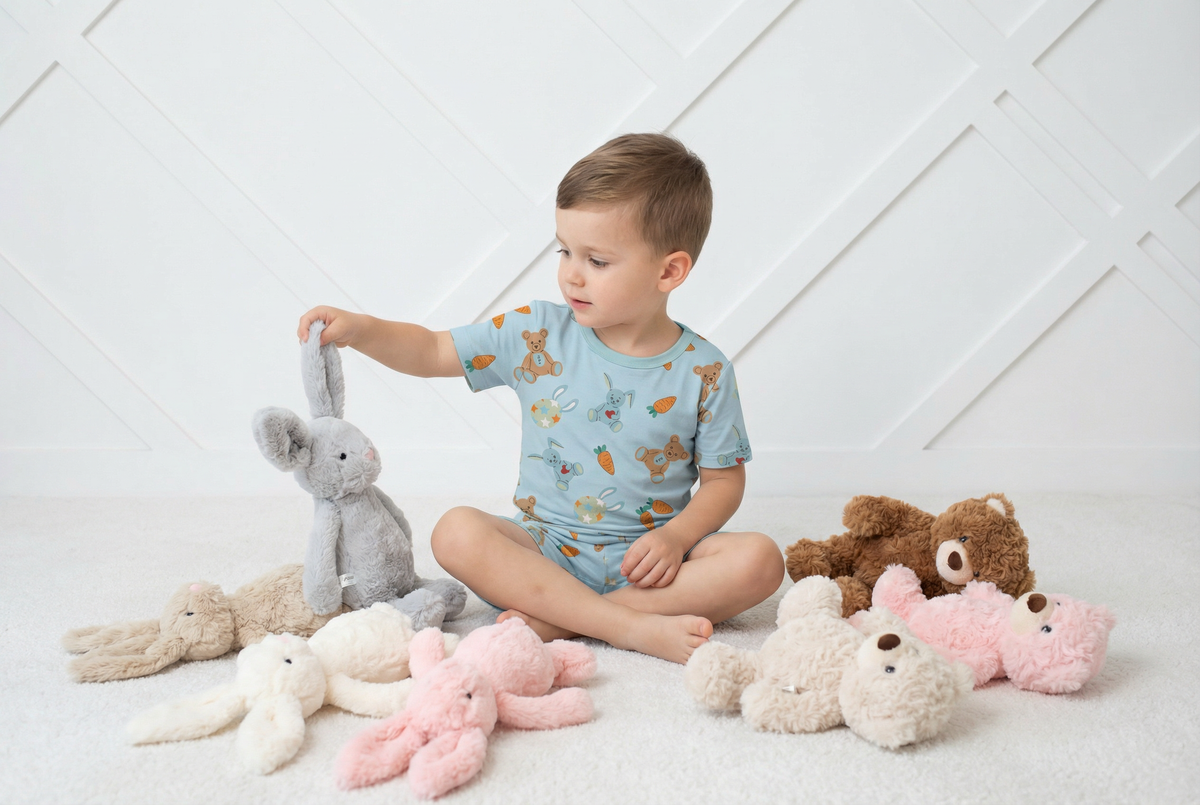 Two-piece short sleeve pajama set with shorts in a carrot print for babies and toddlers.