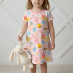 Pink A-line short-sleeve toddler dress with a full twirl skirt