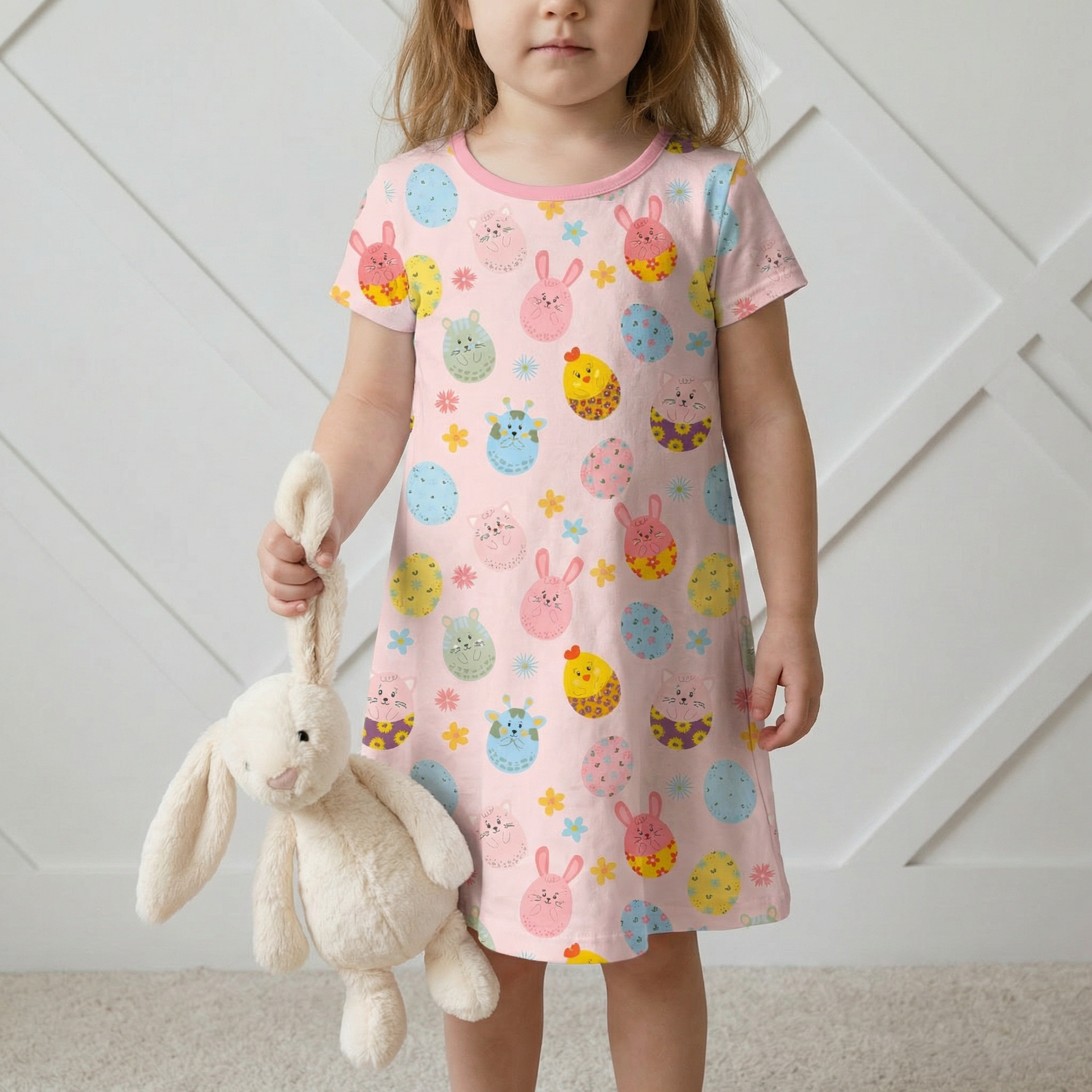 Pink A-line short-sleeve toddler dress with a full twirl skirt
