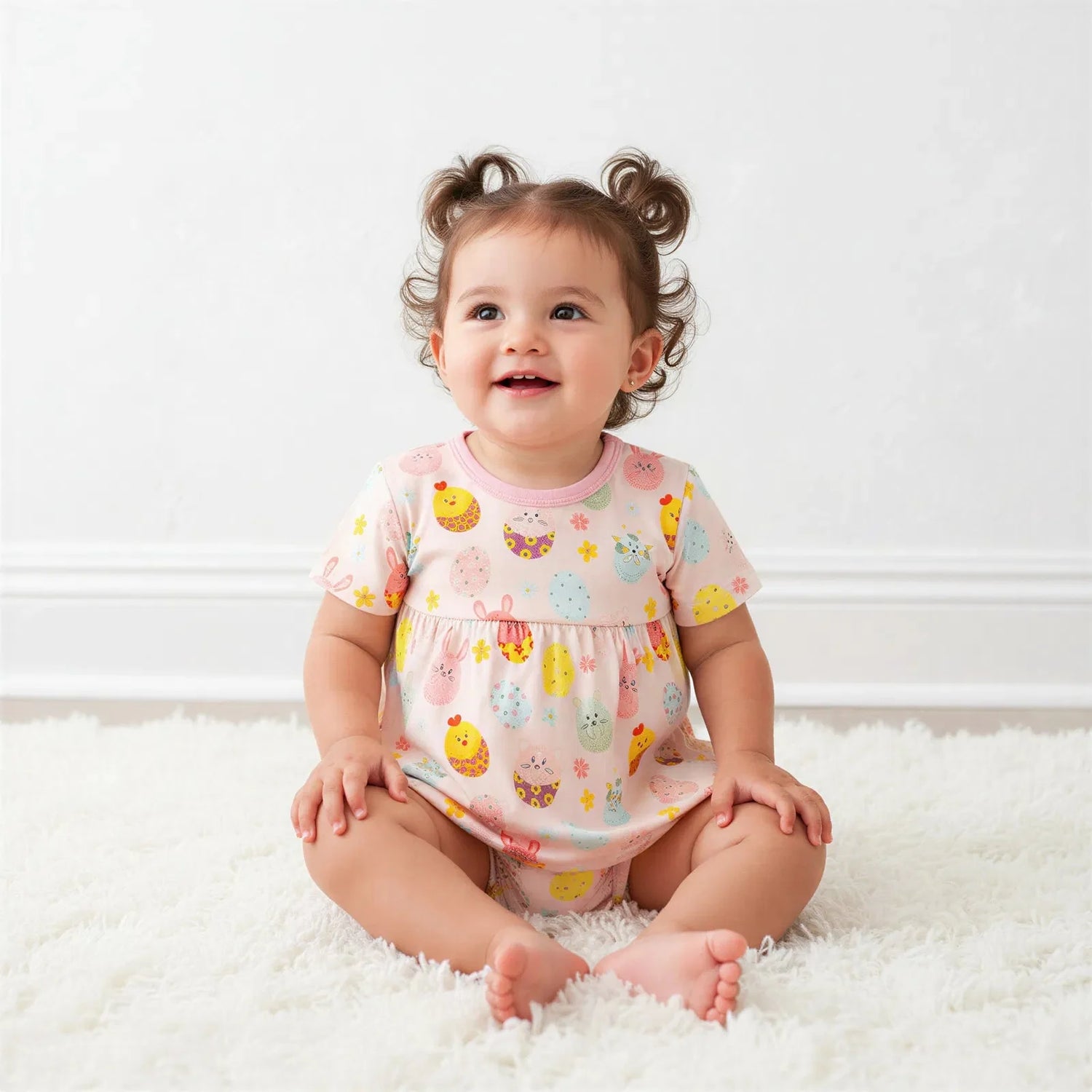 Easter Parade short-sleeve bodysuit dress in soft bamboo fabric with an attached bodysuit and inseam snaps.