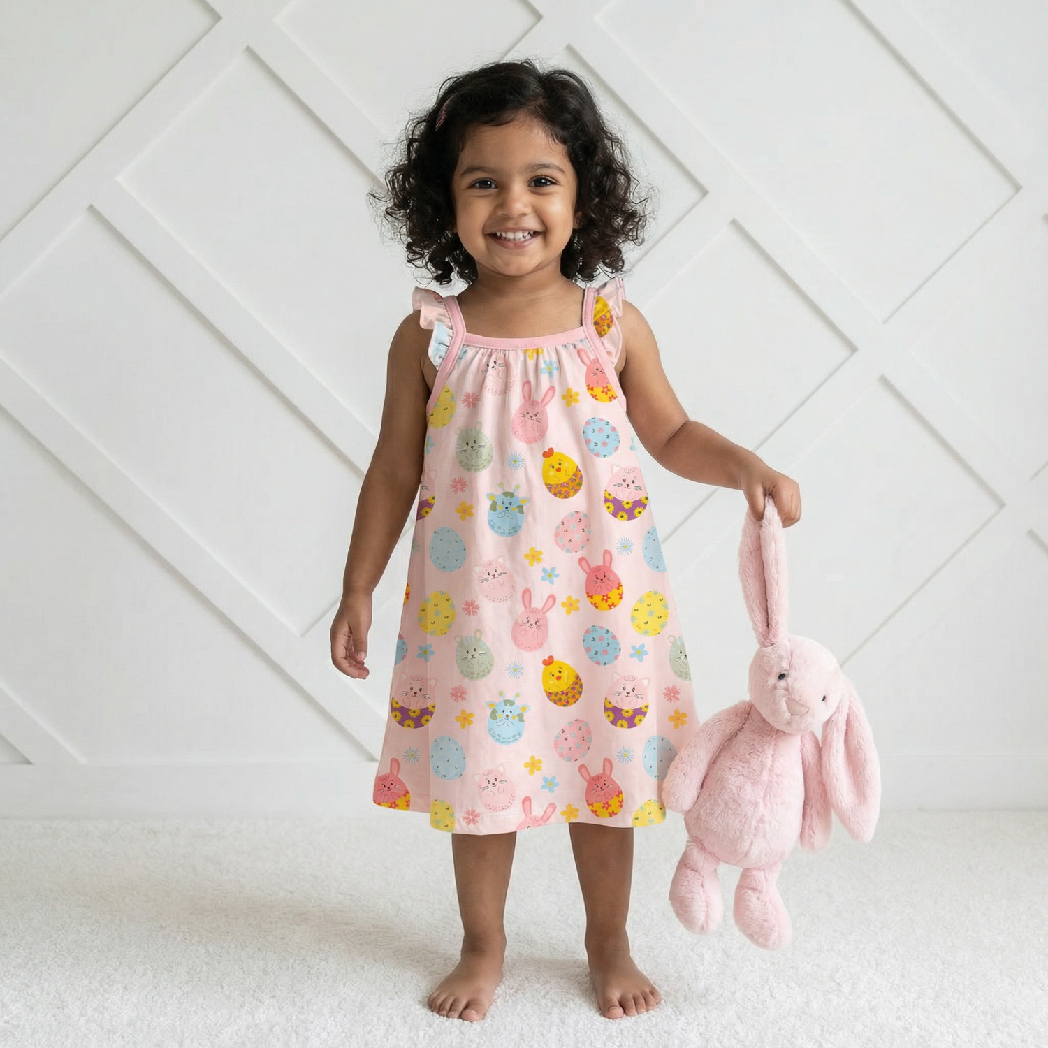 Flutter sleeve dress with a flowy twirl skirt in an Easter Parade style, shown laid flat