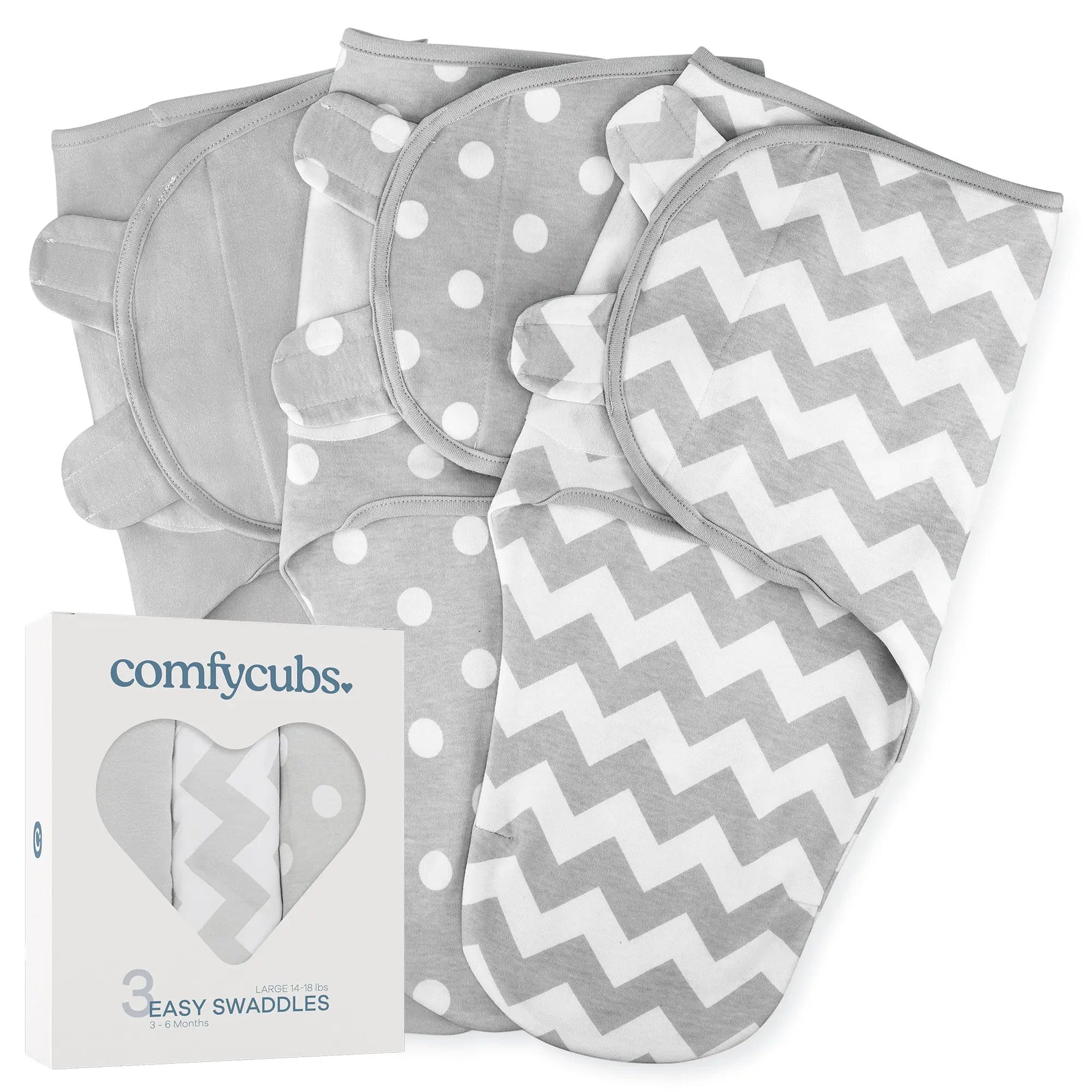 Comfy Cubs Easy Swaddle Blankets in Grey, Pack of 3 - 