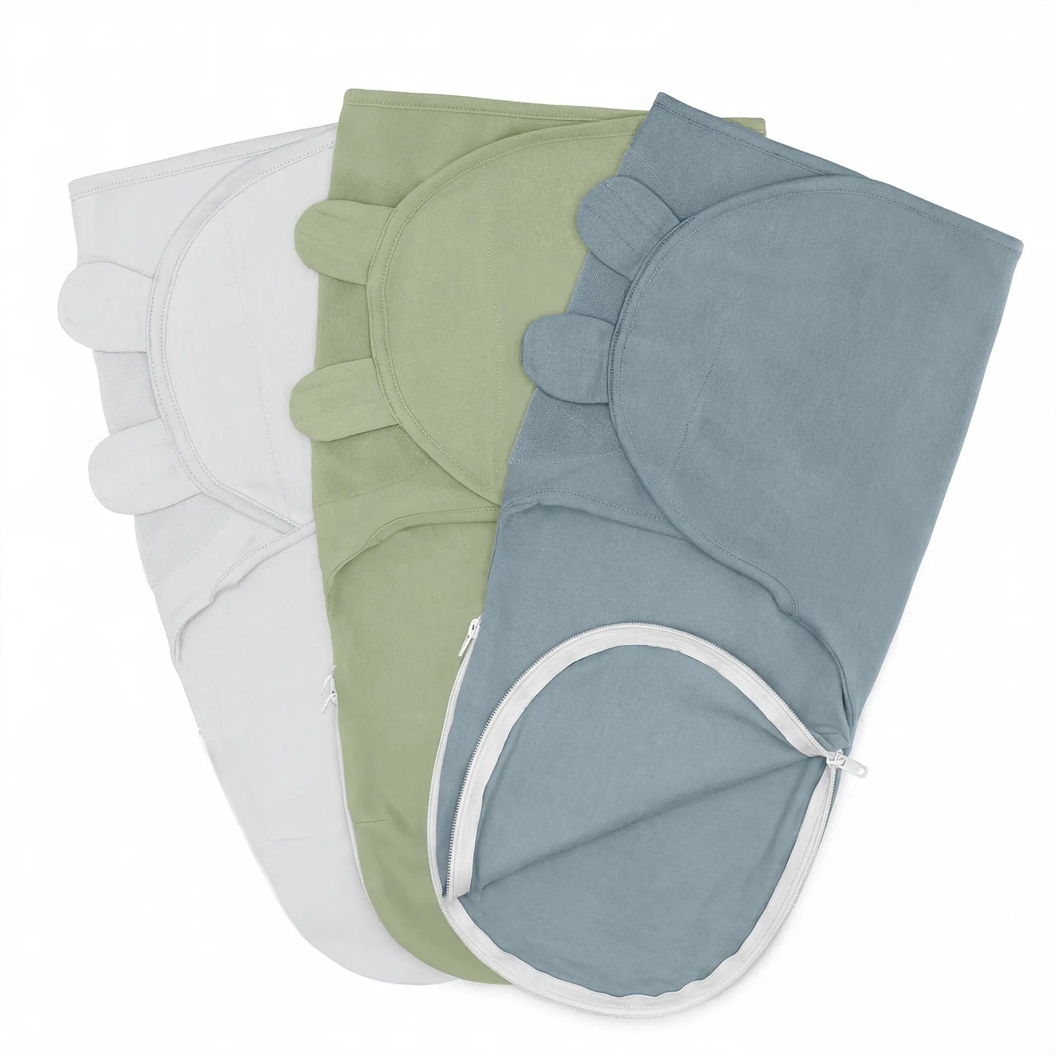 Comfy Cubs Easy Swaddle Blankets with Zipper in Stone, Pacific Blue, Sage - 