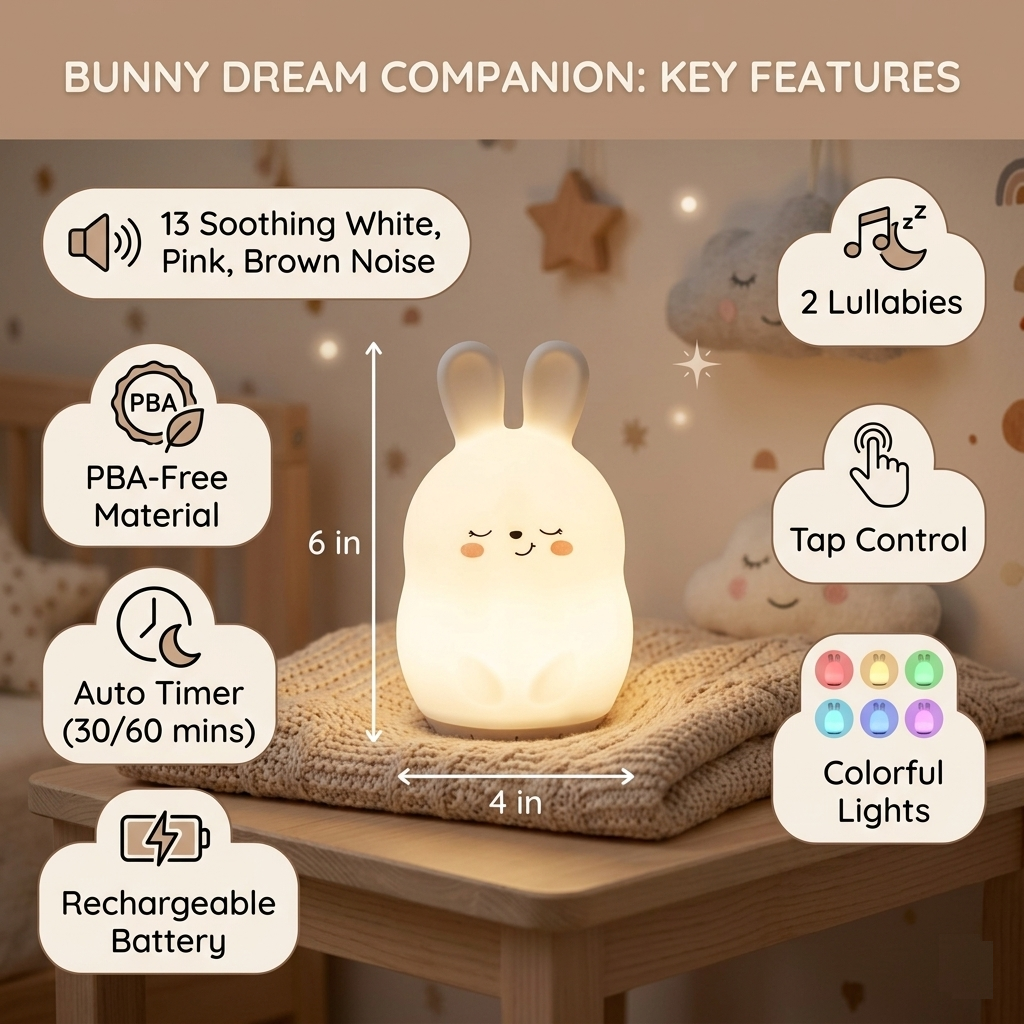Sleeping Pal cordless bunny night lamp with soothing sounds for babies and kids.