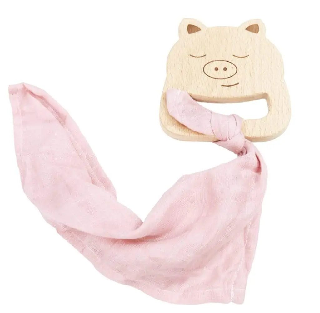 Eco-Friendly Pig Wooden Teether and Soft Blanket Set for Teething Babies - Everetts Place