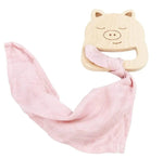 Goosewaddle® | Newborn Baby Blankets Toys Teethers Bibs & More Eco - Friendly Pig Wooden Teether and Soft Blanket Set