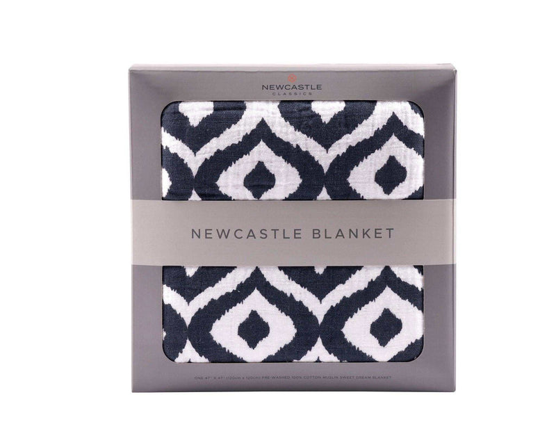 Newcastle Classics Moroccan Blue Cotton Muslin Blanket in packaging.