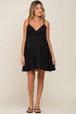 PinkBlush Elegant Black Crochet Ruffle Maternity Dress with Adjustable Straps for Moms - 