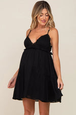 PinkBlush Elegant Black Crochet Ruffle Maternity Dress with Adjustable Straps for Moms - 