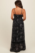 PinkBlush Black Floral Contrast Trim Maternity Maxi Dress worn by a pregnant model.