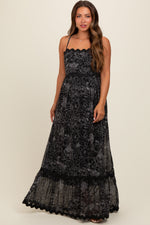 PinkBlush Black Floral Contrast Trim Maternity Maxi Dress worn by a pregnant model.