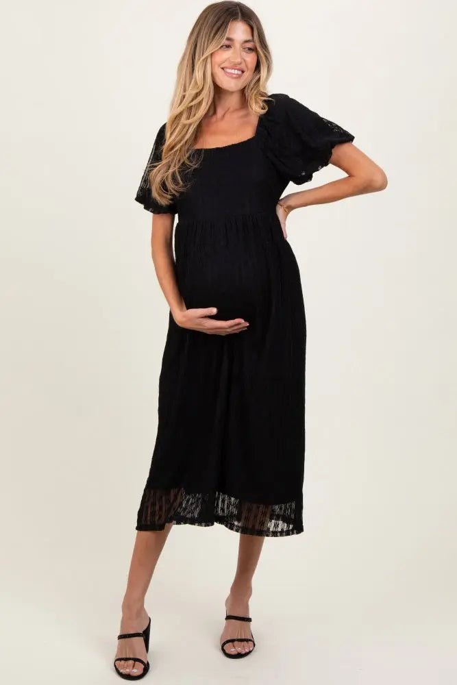 PinkBlush Elegant Black Lace Overlay Maternity Dress with Square Neck for Expecting Moms - 
