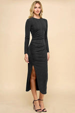 PinkBlush Elegant Black Midi Dress with Side Ruching and Deep Slit for Casual Wear - 