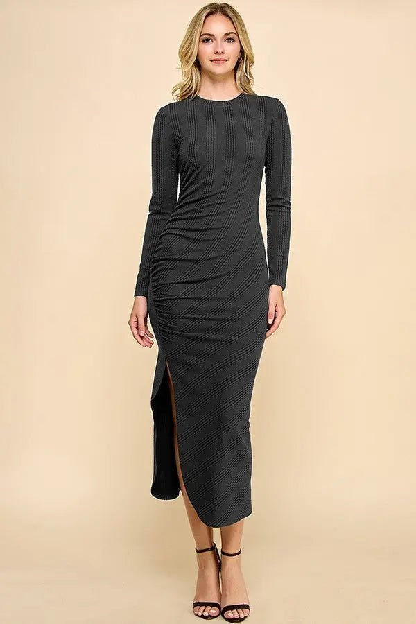 PinkBlush Elegant Black Midi Dress with Side Ruching and Deep Slit for Casual Wear - 