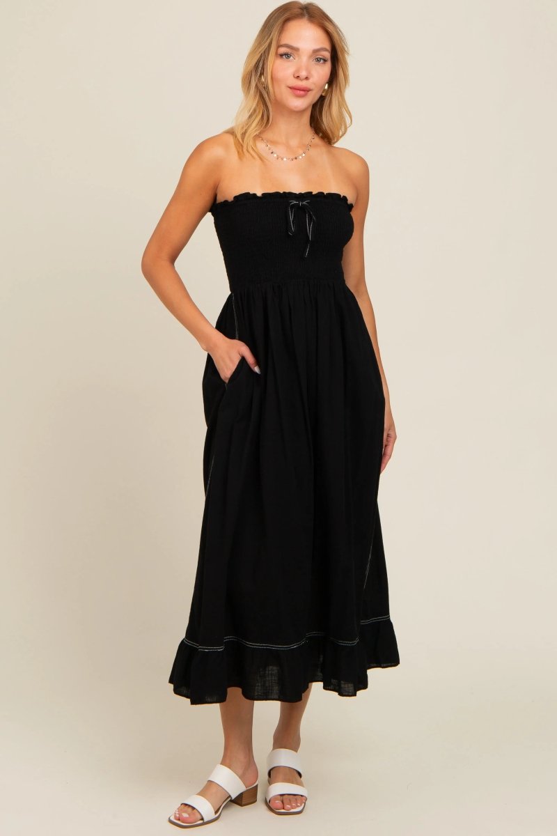 PinkBlush Elegant Black Smocked Strapless Midi Dress for Special Occasions - 