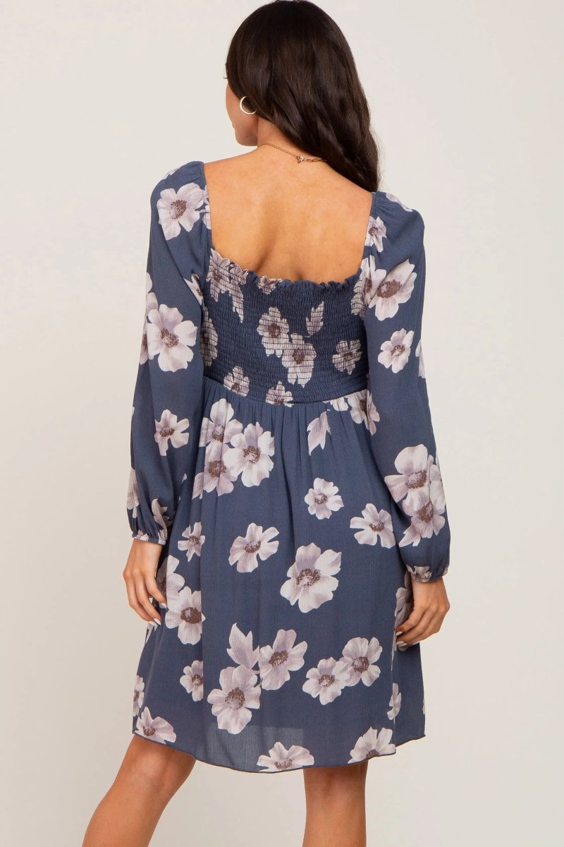 PinkBlush Elegant Blue Floral Maternity Dress with Long Sleeves for Expecting Moms - 
