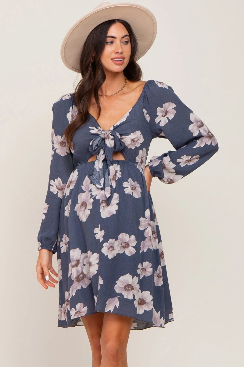 PinkBlush Elegant Blue Floral Maternity Dress with Long Sleeves for Expecting Moms - 