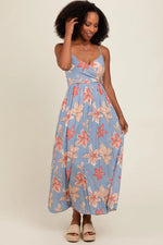 PinkBlush Elegant Blue Floral Maxi Dress with Crossover Neckline for Casual Wear - 