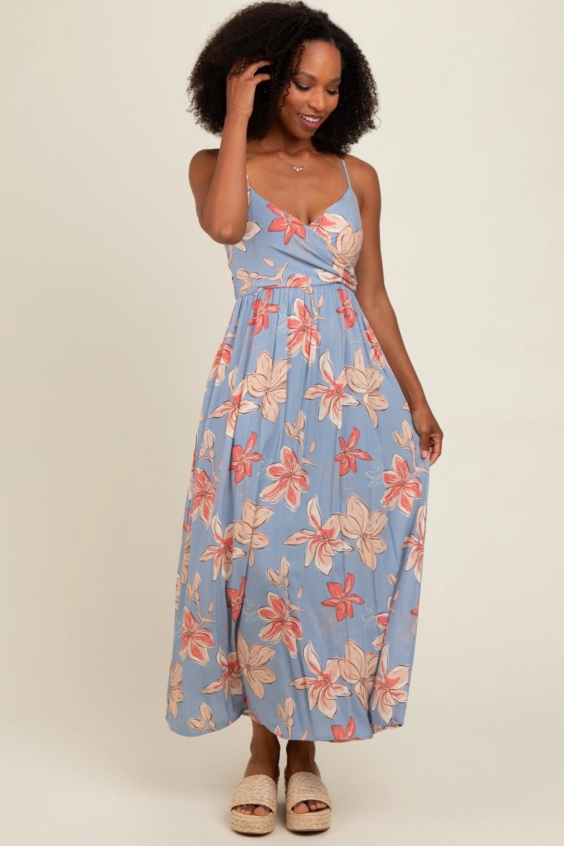 PinkBlush Elegant Blue Floral Maxi Dress with Crossover Neckline for Casual Wear - 