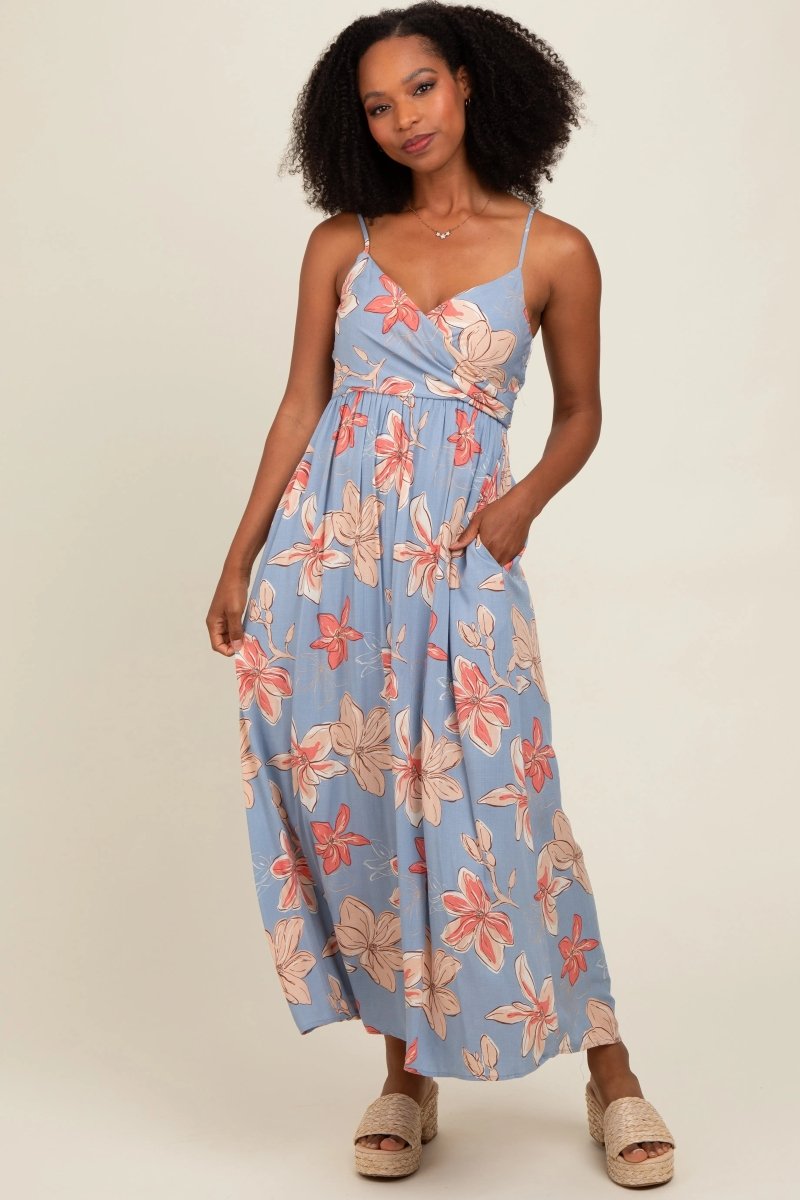 PinkBlush Elegant Blue Floral Maxi Dress with Crossover Neckline for Casual Wear - 