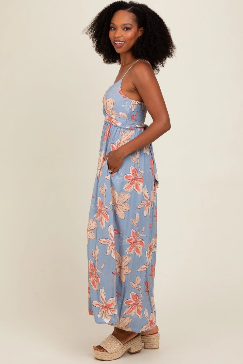 PinkBlush Elegant Blue Floral Maxi Dress with Crossover Neckline for Casual Wear - 