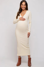 PinkBlush Elegant Cream Ribbed Maternity Maxi Dress with V Neckline for Moms - to - Be - 