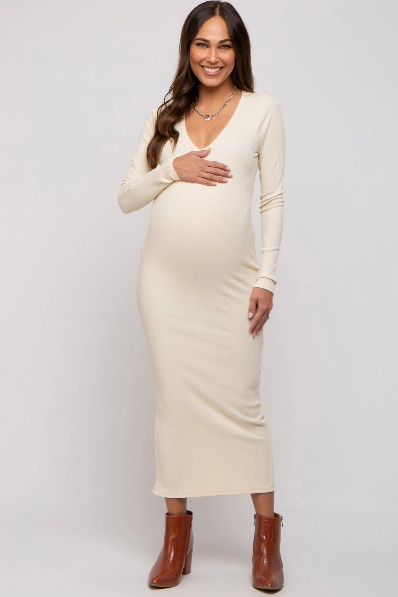 PinkBlush Elegant Cream Ribbed Maternity Maxi Dress with V Neckline for Moms - to - Be - 