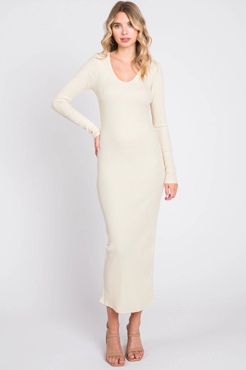 PinkBlush Elegant Cream Ribbed Maternity Maxi Dress with V Neckline for Moms - to - Be - 