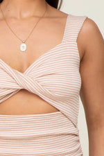 PinkBlush Elegant Cream Striped Ribbed Knit Dress with Front Cutout for Women - 