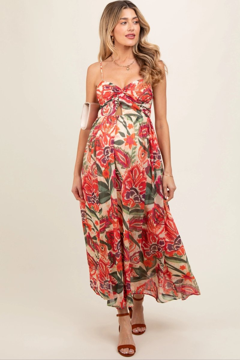 PinkBlush Elegant Floral Maternity Midi Dress with Front Cutout for Stylish Moms - 