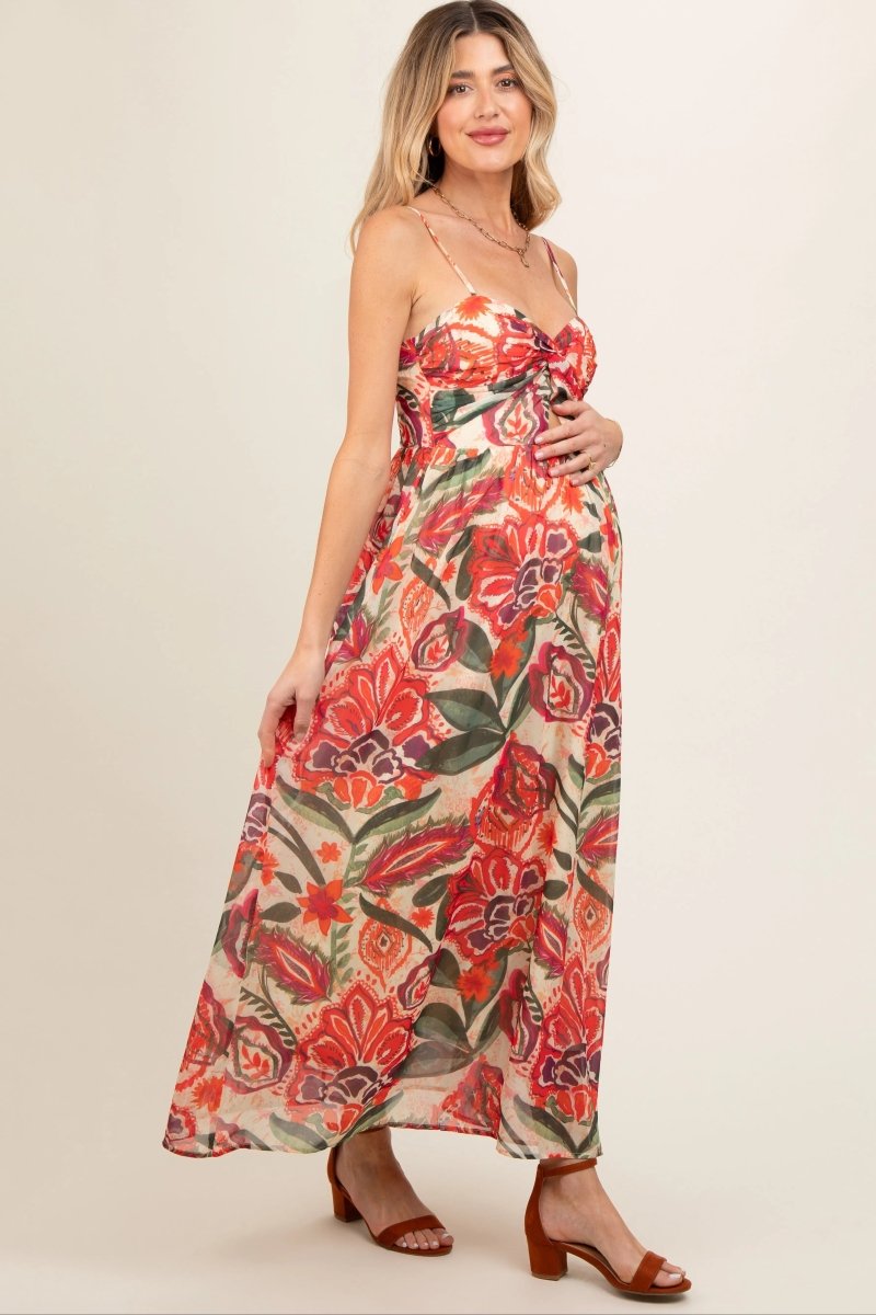 PinkBlush Elegant Floral Maternity Midi Dress with Front Cutout for Stylish Moms - 
