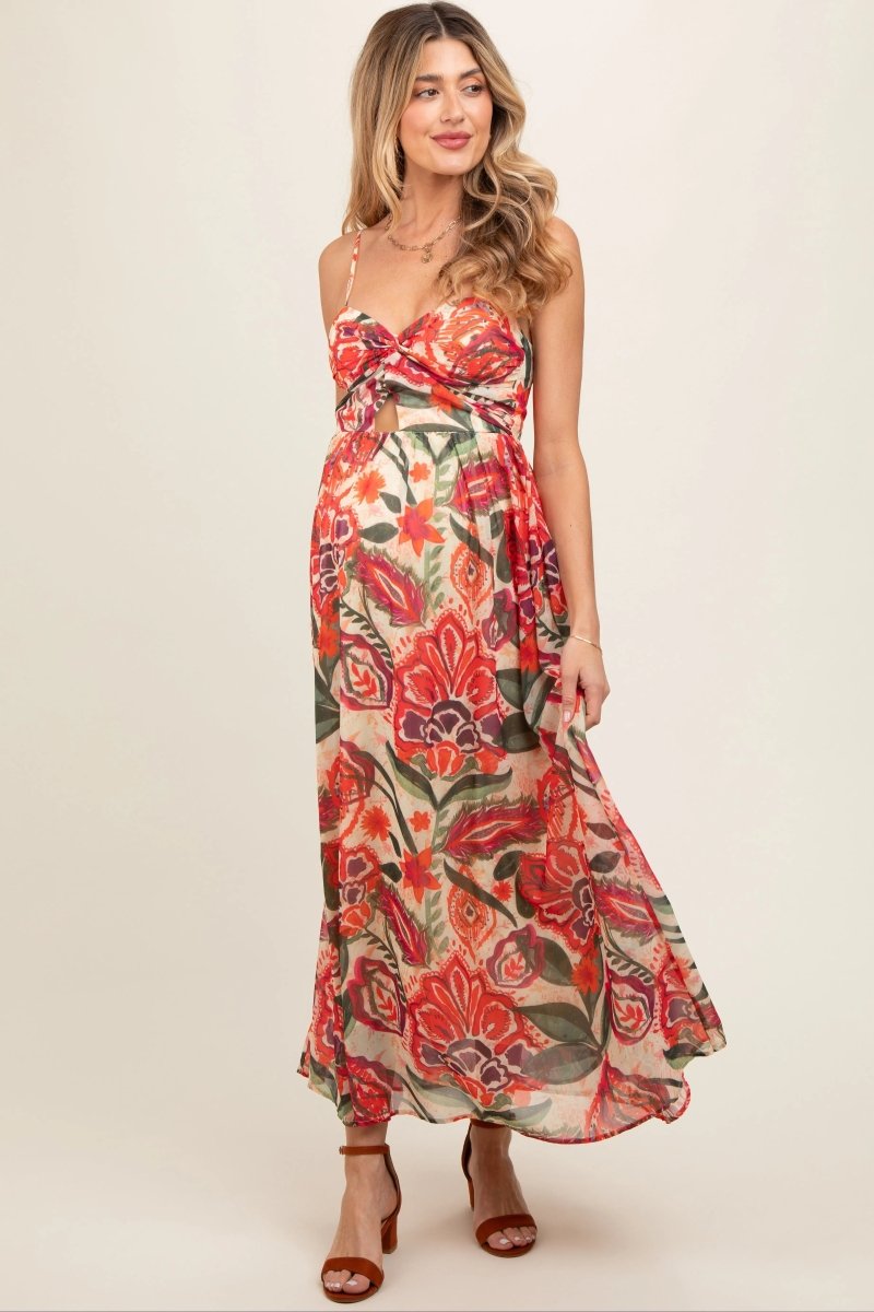 PinkBlush Elegant Floral Maternity Midi Dress with Front Cutout for Stylish Moms - 