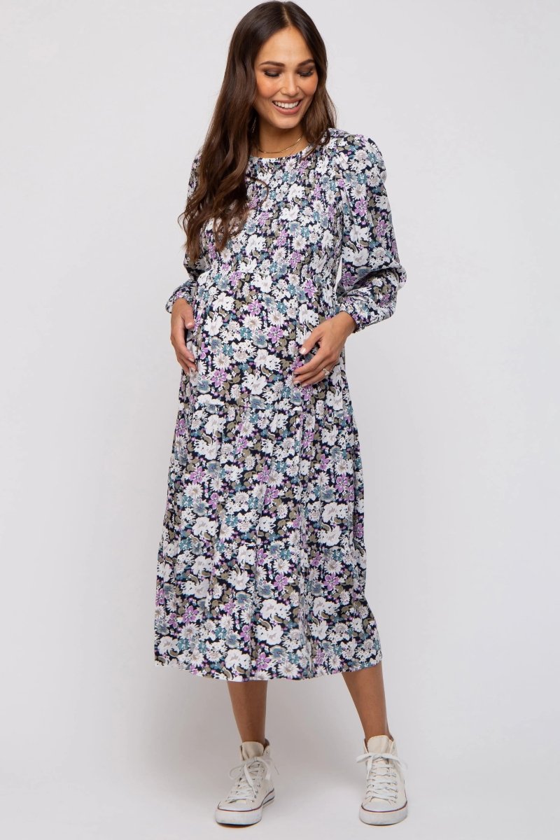 PinkBlush Elegant Floral Maternity Midi Dress with Side Pockets for Expecting Moms - 