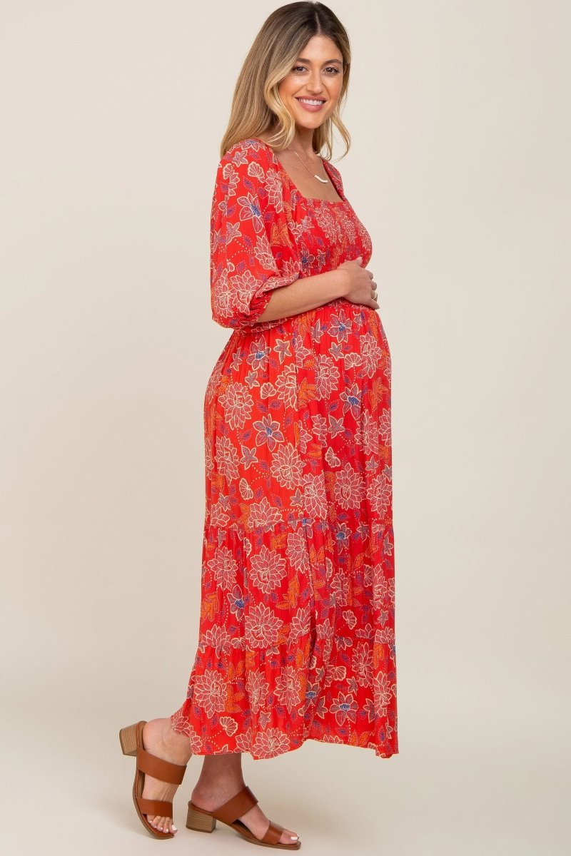 PinkBlush Elegant Floral Maternity Midi Dress with Square Neck for Expecting Mothers - 