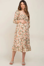 PinkBlush Elegant Floral Maternity Midi Dress with Square Neck for Modern Moms - 
