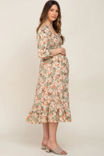 PinkBlush Elegant Floral Maternity Midi Dress with Square Neck for Modern Moms - 