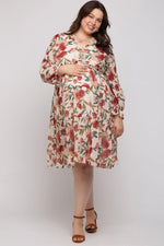 PinkBlush Elegant Floral Ruffle V Neck Maternity Plus Dress for Expecting Moms - 