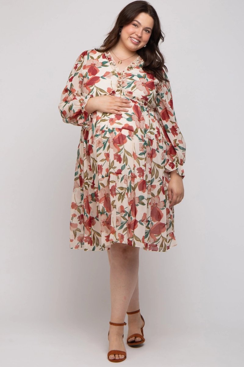 PinkBlush Elegant Floral Ruffle V Neck Maternity Plus Dress for Expecting Moms - 