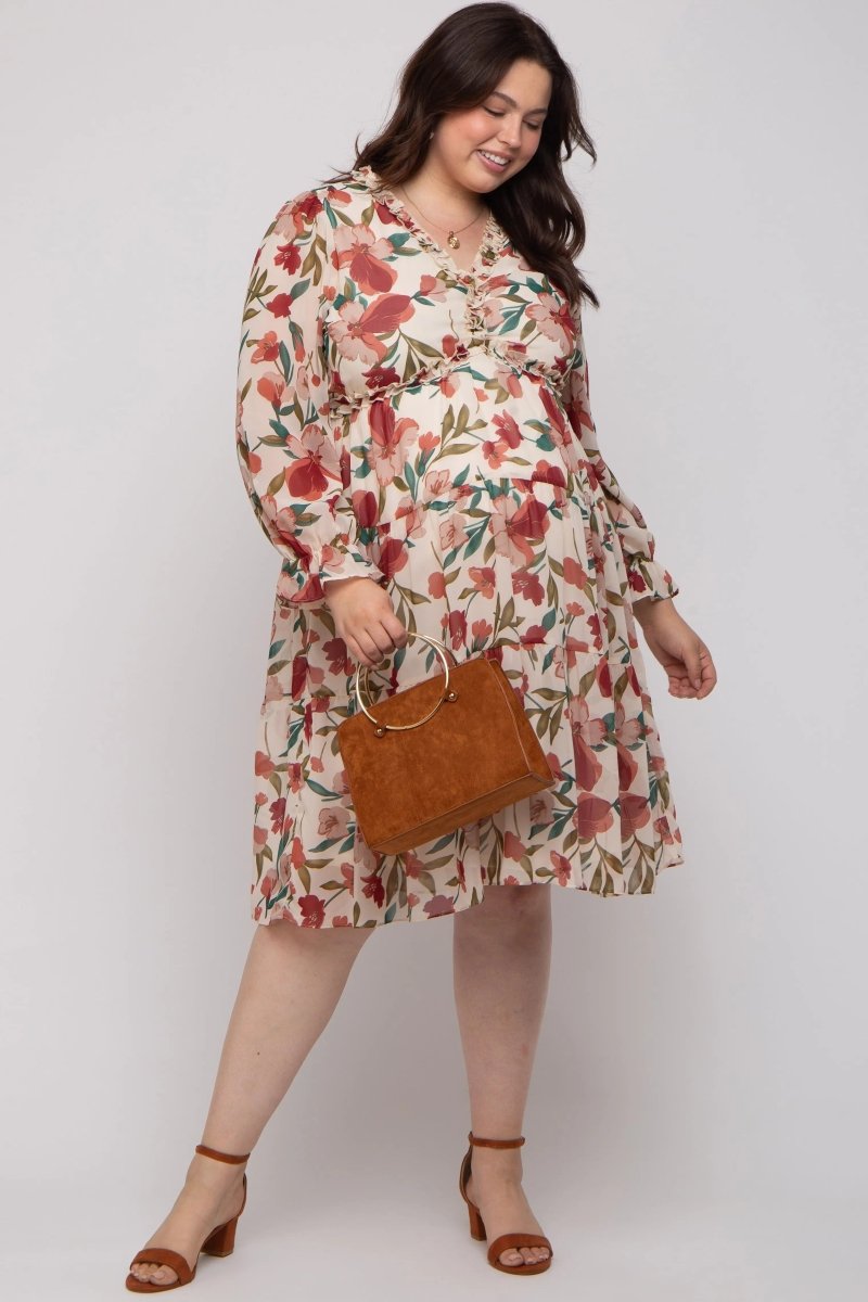 PinkBlush Elegant Floral Ruffle V Neck Maternity Plus Dress for Expecting Moms - 