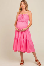 PinkBlush Elegant Fuchsia Maternity Midi Dress with Front Tie Cutout for Expecting Mothers - 