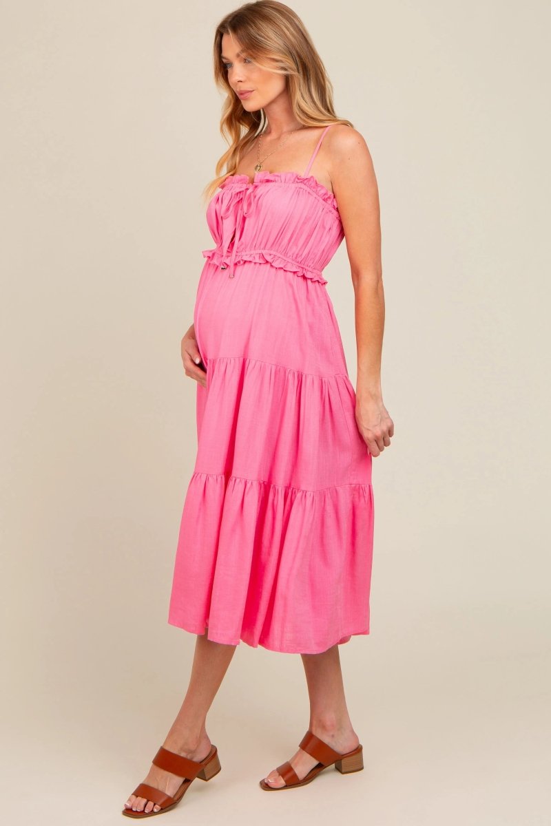 PinkBlush Elegant Fuchsia Maternity Midi Dress with Front Tie Cutout for Expecting Mothers - 