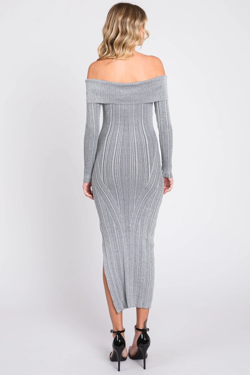PinkBlush Elegant Grey Metallic Ribbed Off Shoulder Midi Dress with Side Slit for Fashionable Women - 