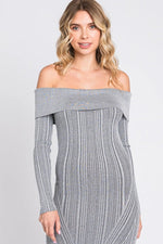 PinkBlush Elegant Grey Metallic Ribbed Off Shoulder Midi Dress with Side Slit for Fashionable Women - 