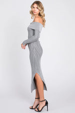 PinkBlush Elegant Grey Metallic Ribbed Off Shoulder Midi Dress with Side Slit for Fashionable Women - 