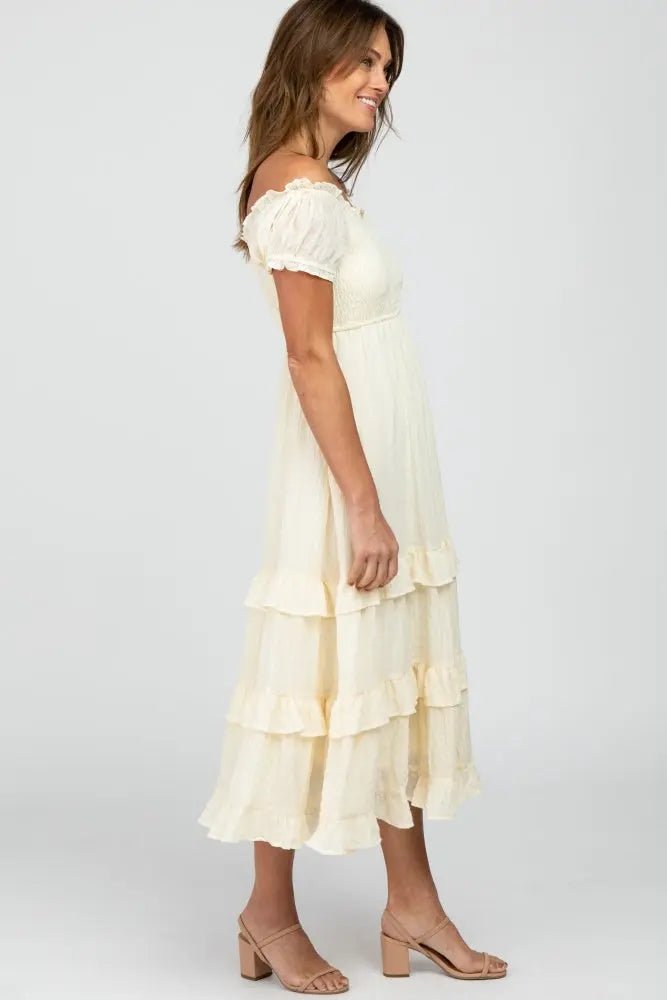 PinkBlush Elegant Ivory Midi Dress with Puff Sleeves and Pockets for Summer Events - 