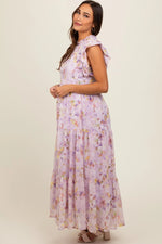 PinkBlush Elegant Lavender Floral Maxi Dress with Ruffle Shoulders for Expecting Mothers - 