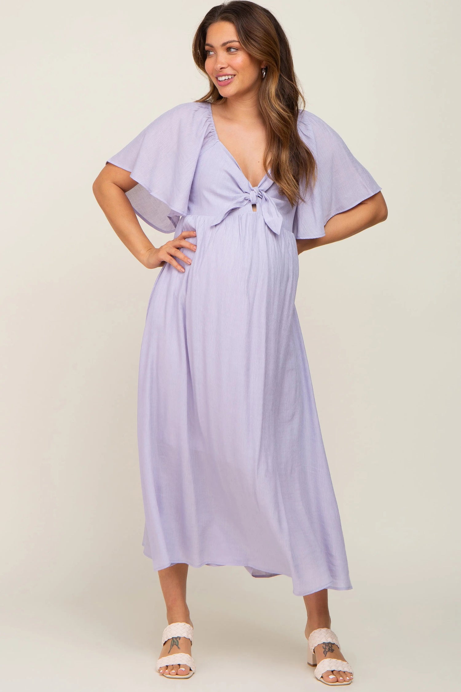PinkBlush Elegant Lavender Maternity Midi Dress with Ruffle Sleeves for Expecting Moms - 