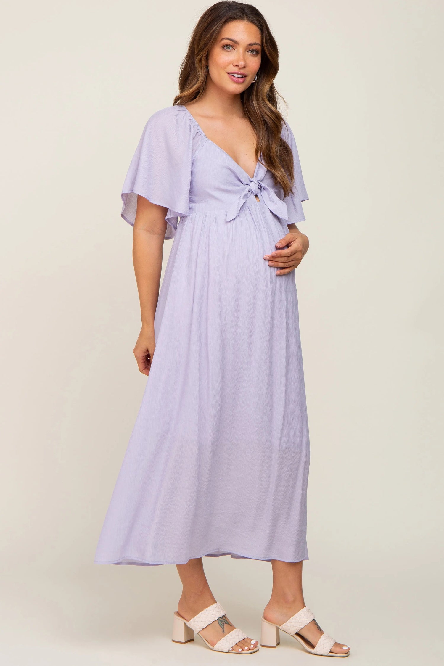 PinkBlush Elegant Lavender Maternity Midi Dress with Ruffle Sleeves for Expecting Moms - 
