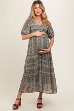 PinkBlush Elegant Maternity Maxi Dress with V Neck and Three Quarter Sleeves for Expecting Mothers - 
