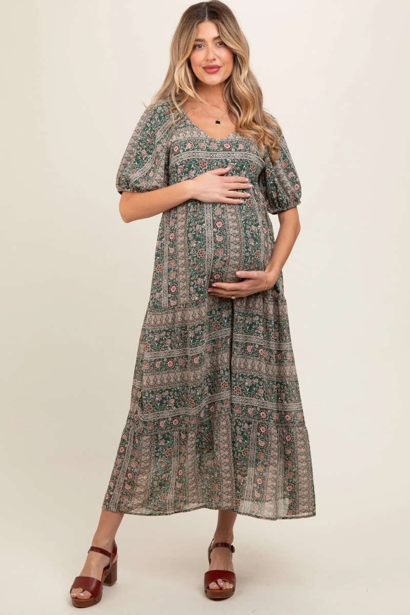 PinkBlush Elegant Maternity Maxi Dress with V Neck and Three Quarter Sleeves for Expecting Mothers - 